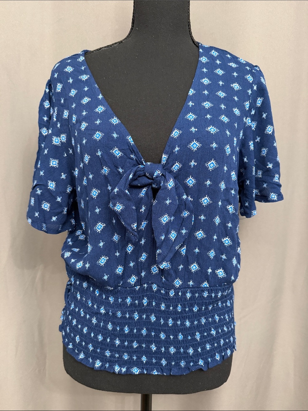Navy Blue Tie-Front Smocked Hem Women’s Blouse
